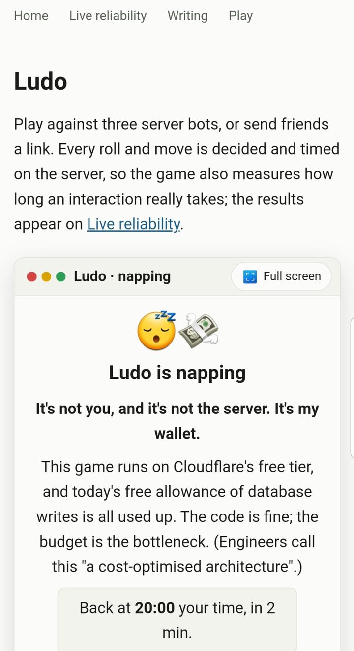 The Ludo page on a phone, showing Ludo is napping. It's not you, and it's not the server. It's my wallet. The free allowance of database writes is used up. Back at 20:00 your time, in 2 min.